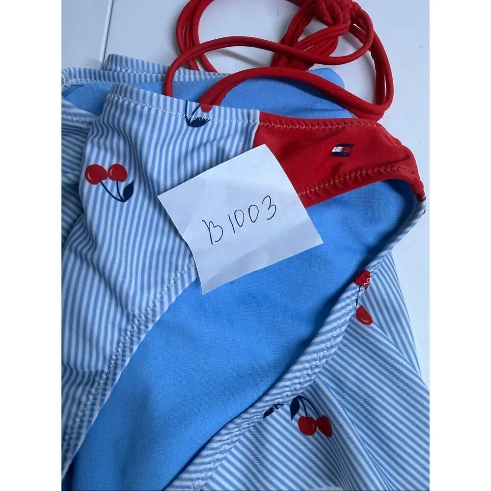 Tommy Hilfiger Girls Cherry Stripe Ruffle Bikini Swimsuit XL 16 UV Protection